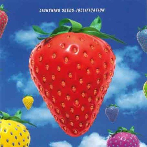 CD cover for The Lightning Seeds’ “Jollification” featuring floating strawberries.