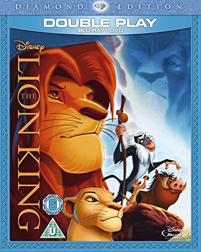 Blu-ray cover for Disney’s *The Lion King* featuring Simba, Mufasa, and friends.