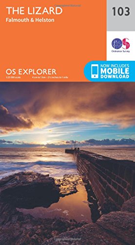 Ordnance Survey Explorer map 103, The Lizard, Falmouth and Helston, featuring a coastal sunset.