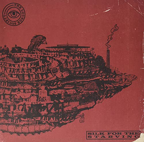 Red vinyl record cover with detailed, dark illustration of a cityscape.