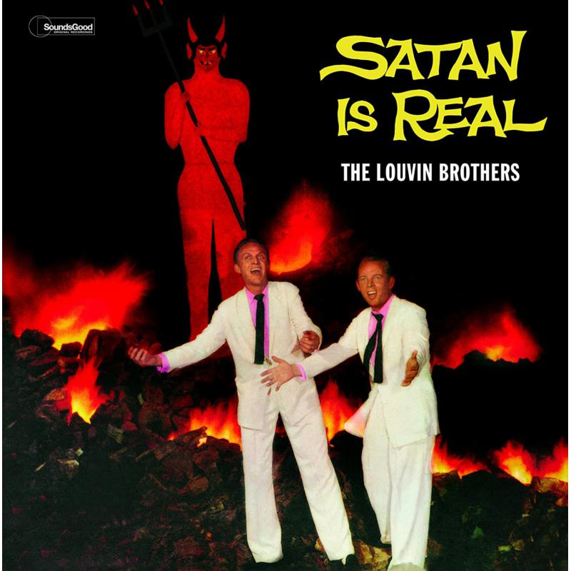 The Louvin Brothers stand in white suits before a red devil and hellfire background.