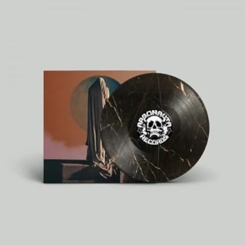 Black vinyl record with skull label, leaning against album artwork.