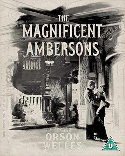 Blu-ray cover for “The Magnificent Ambersons” showing a couple and staircase.