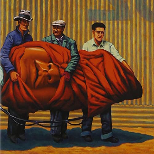 Three men carry a large, red-draped sculpture against a corrugated yellow background.
