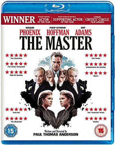 The Master" Blu-ray cover featuring Joaquin Phoenix, Philip Seymour Hoffman, and Amy Adams.