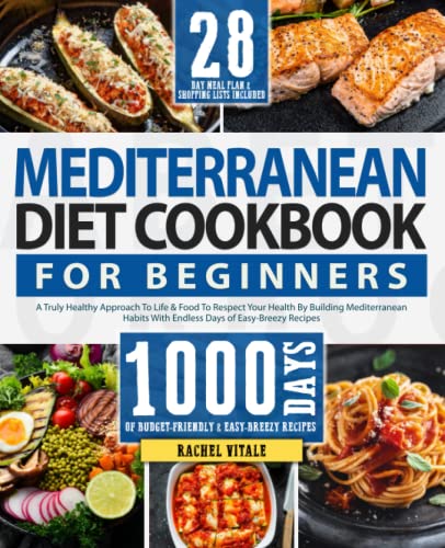 Cookbook cover featuring Mediterranean diet foods like salmon, pasta, and vegetables.