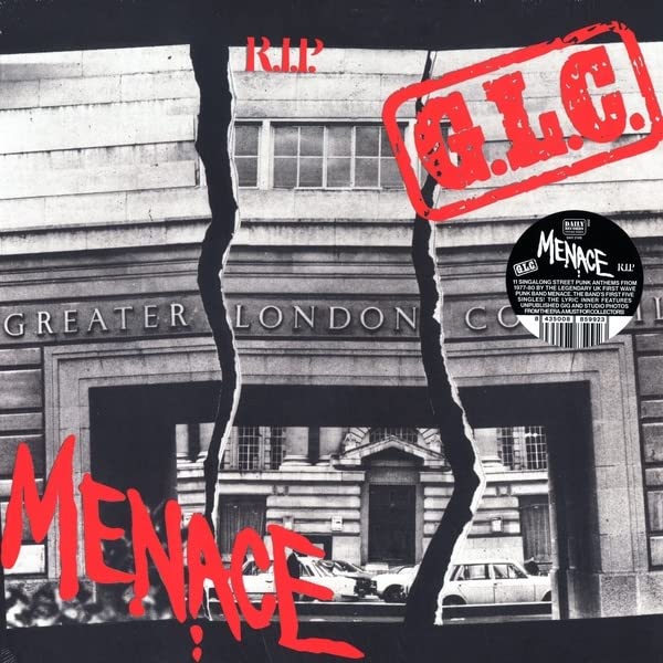 Vinyl record cover for “G.L.C.: R.I.P.” with red text and building image.