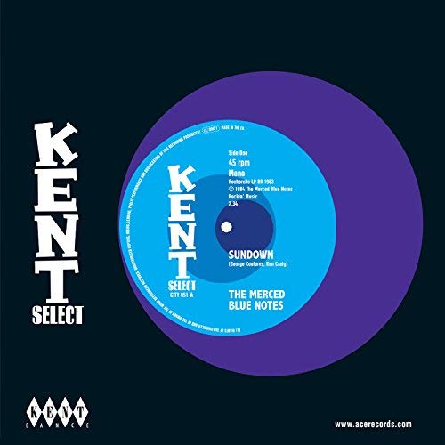 Blue vinyl record label with white text: "The Merced Blue Notes - Sundown.