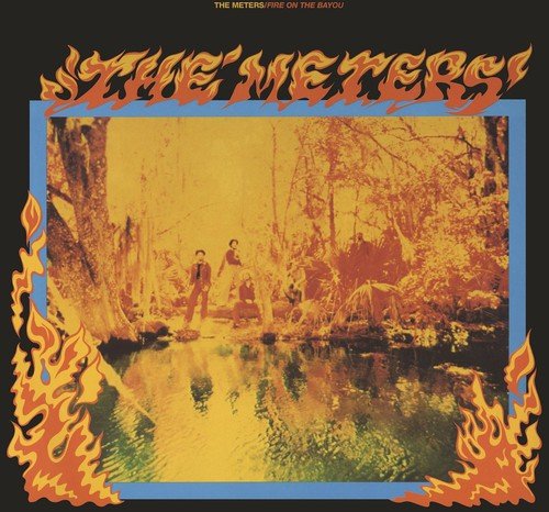 Vinyl album cover with a swamp scene and flame design on a black background.