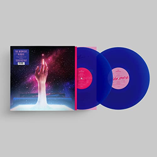 Translucent blue vinyl record "Heroes" by The Midnight, with album cover art.
