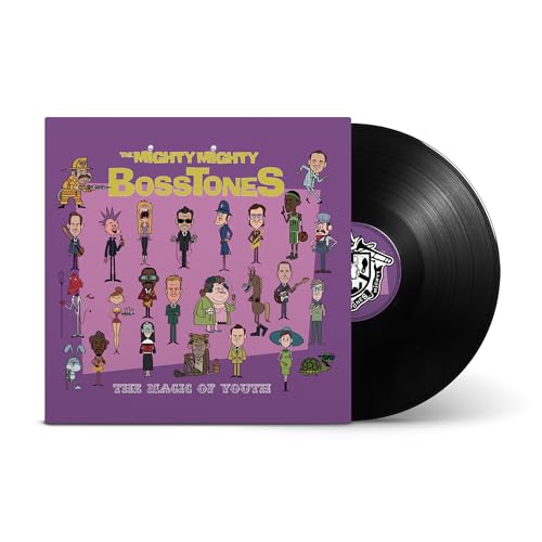 Vinyl record cover with cartoon characters on purple background next to a black disc.