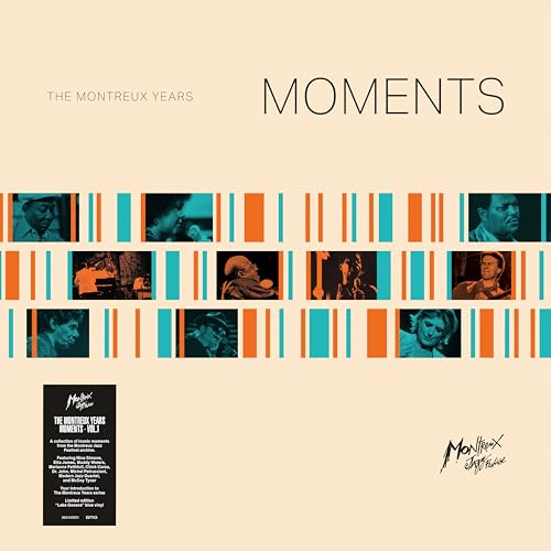 Album cover for “Moments” featuring musicians in striped design.