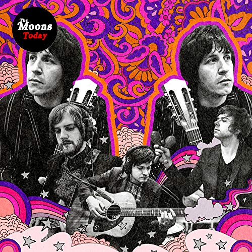 Black and white band photo with colorful psychedelic floral background.