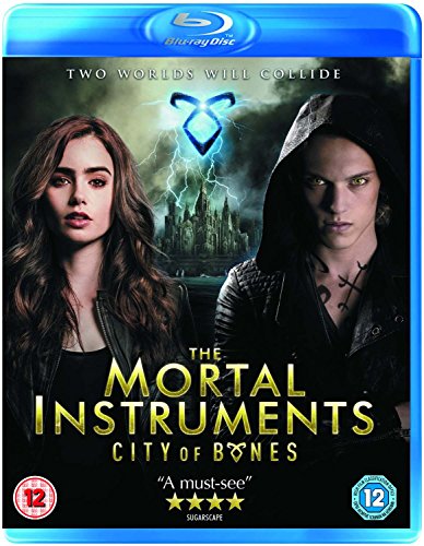 Blu-ray cover for "The Mortal Instruments: City of Bones" featuring two young actors.