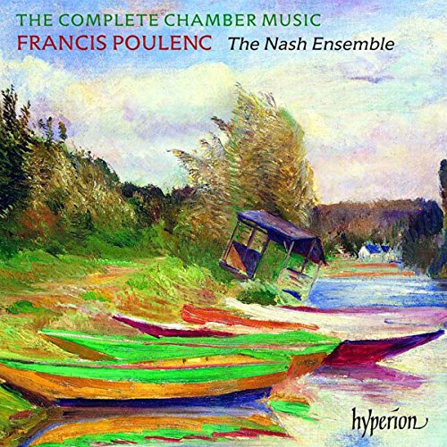 Colorful landscape painting with boats, trees, and a house; text: "The Complete Chamber Music."