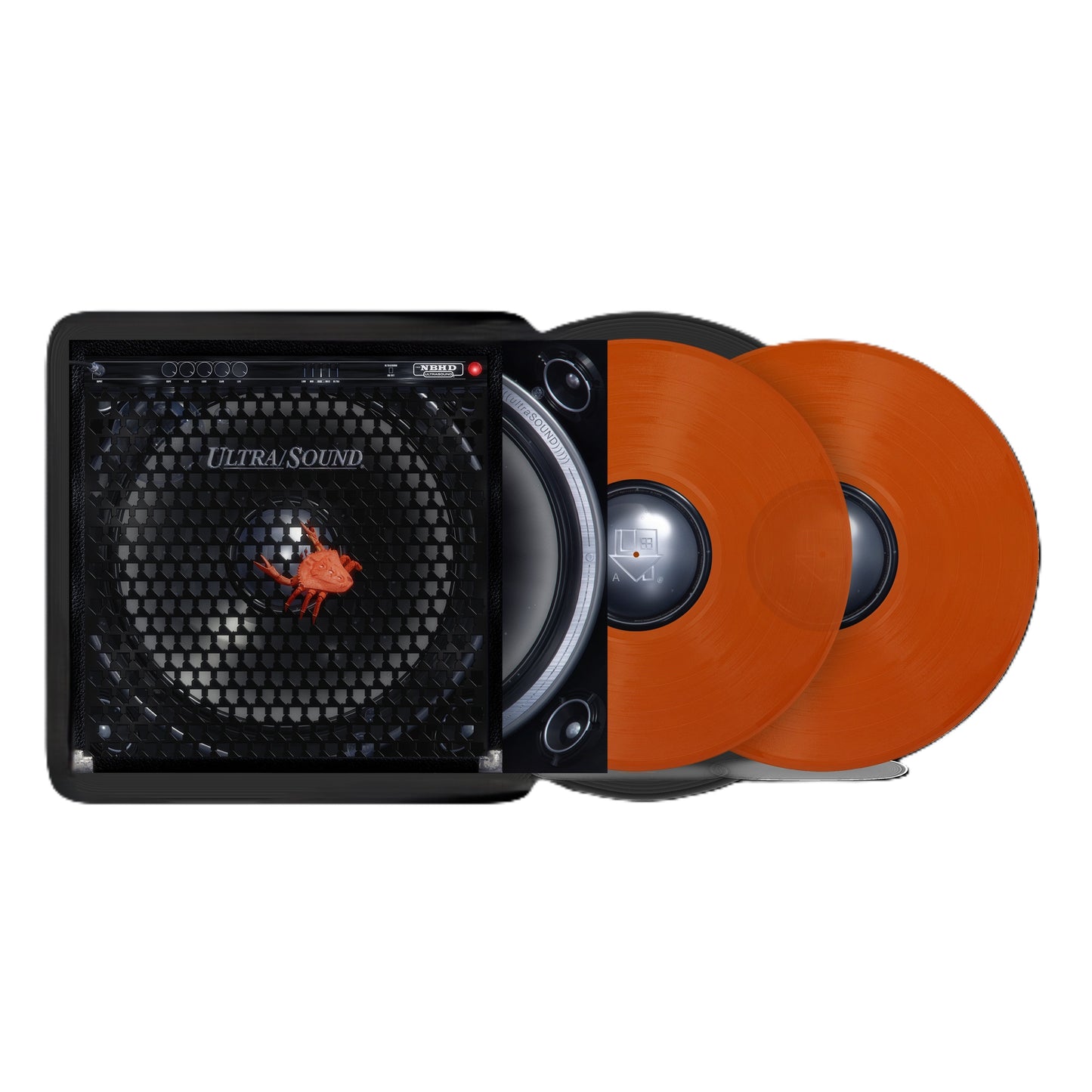 Two orange vinyl records with a tablet displaying album art.