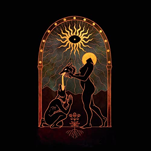 Stylized illustration of a woman and wolf figures within an arched sunburst frame.