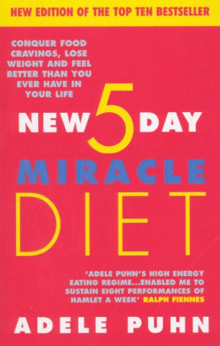 Red book cover with bold yellow and blue text: "The New 5 Day Miracle Diet".