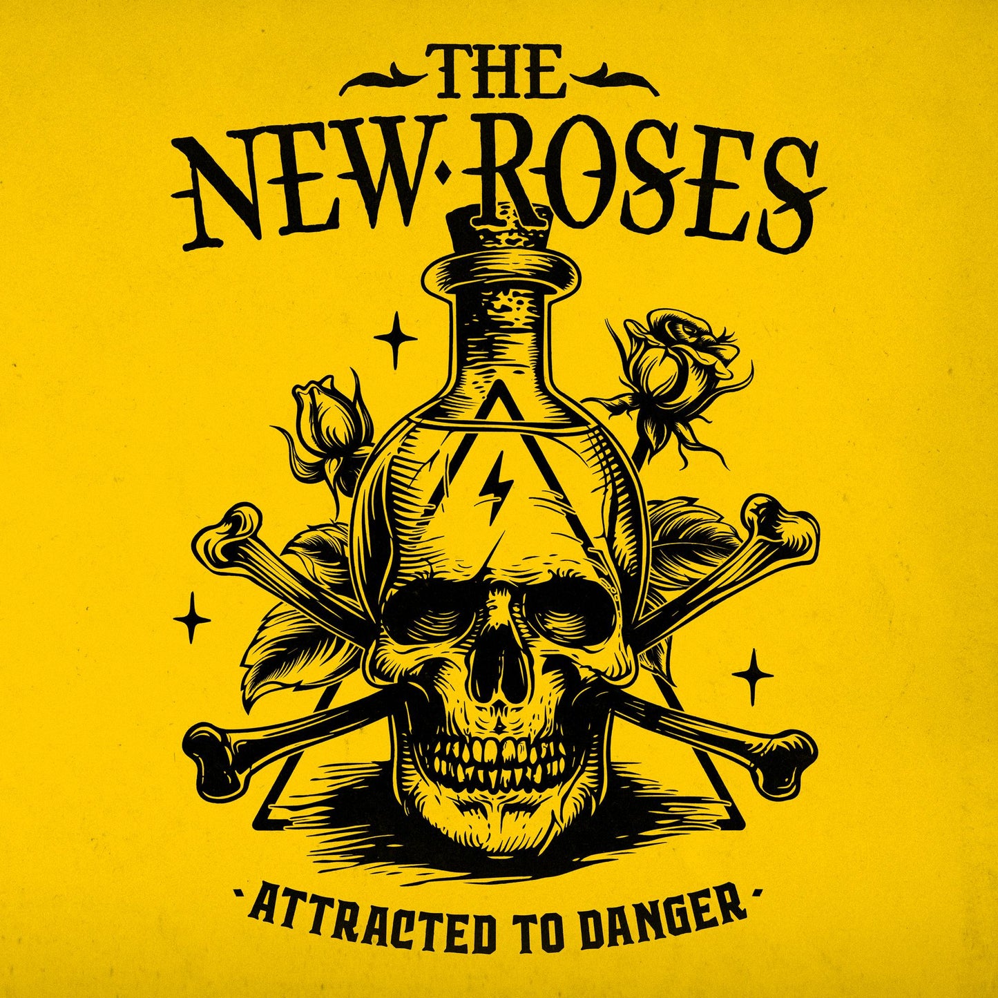 Yellow CD cover with skull, roses, and lightning bolt illustration.