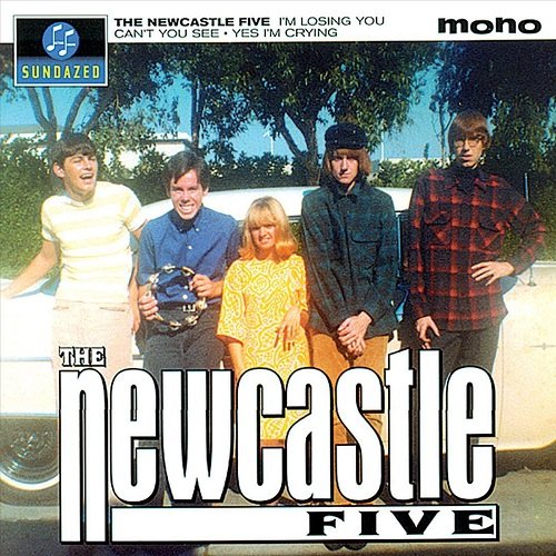 "Album cover featuring The Newcastle Five standing in front of a white car."