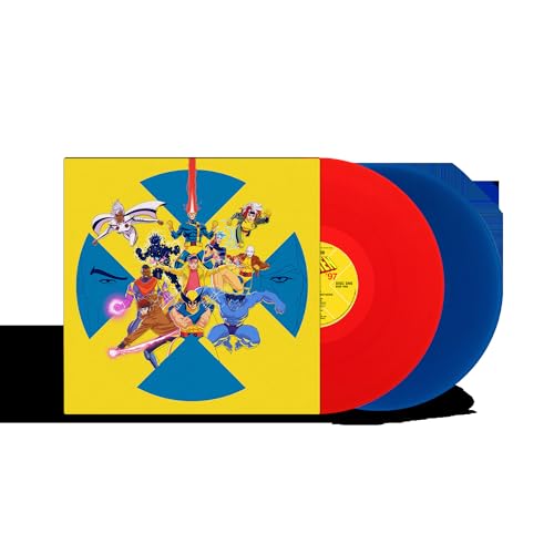 X-Men '97 vinyl record cover with artwork featuring X-Men characters and two colored discs.