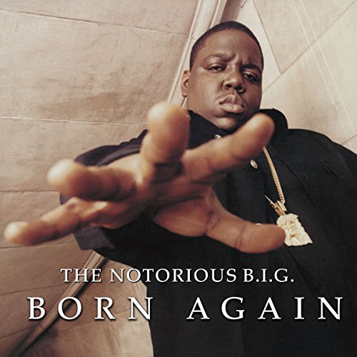 Notorious B.I.G. album cover, portrait with gold jewelry and text overlay.