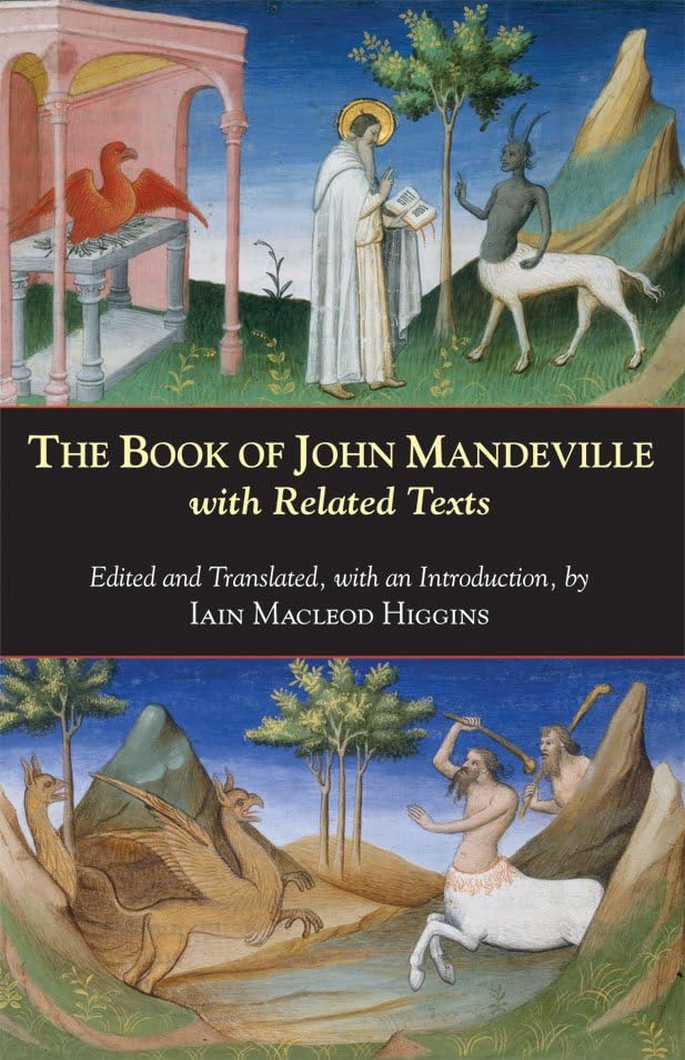 Book cover: "The Book of John Mandeville" with medieval illustrations.
