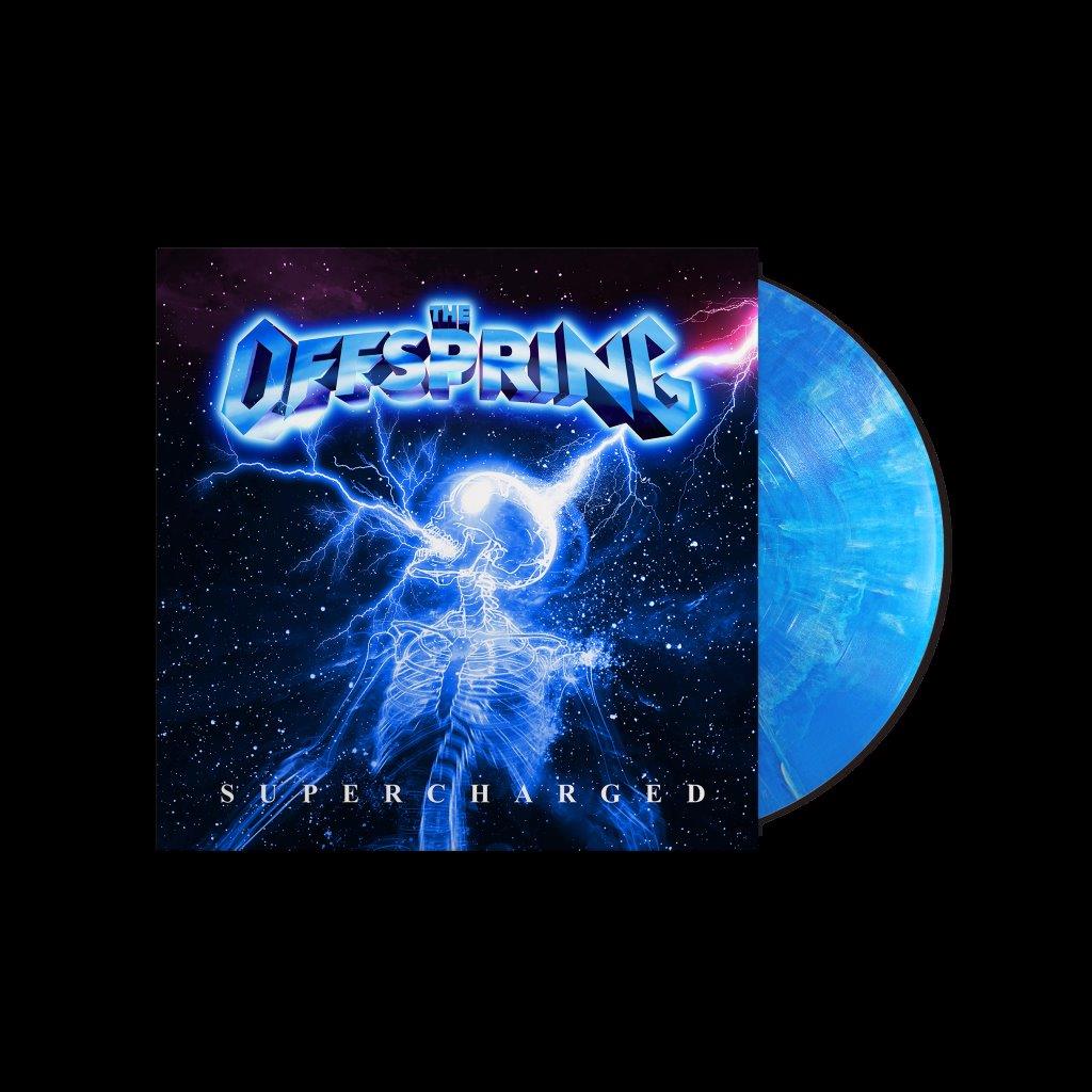 The Offspring Supercharged album cover with a blue marble vinyl record behind it.