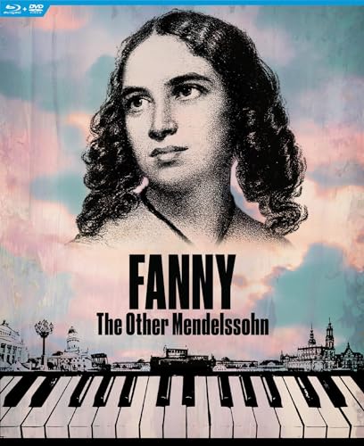 DVD cover featuring portrait of Fanny Mendelssohn and a piano keyboard skyline.