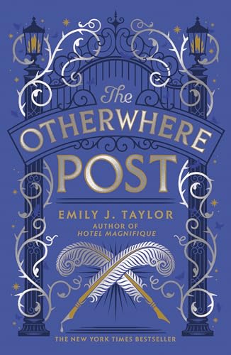 Book cover for The Otherwhere Post featuring silver iron gates and two crossed quill pens.