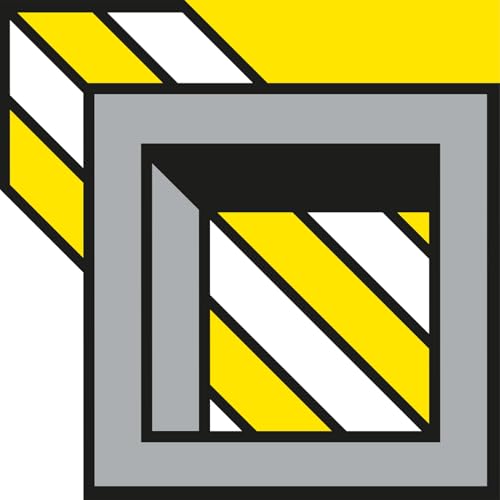 Abstract graphic of a grey square frame containing diagonal yellow and white stripes.