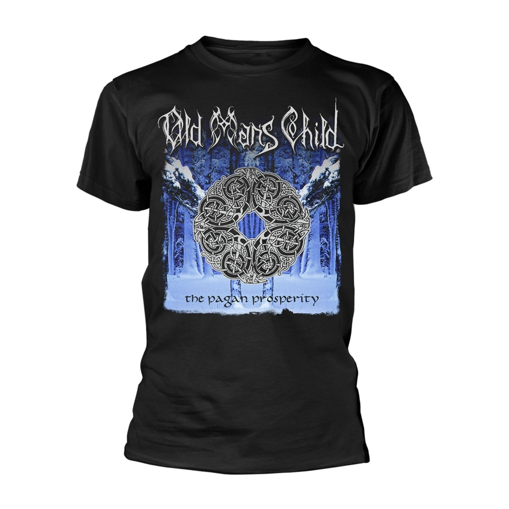 Black t-shirt with ornate, wintry design and band logo "Old Mans Child".