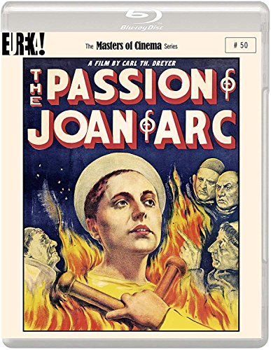 Blu-ray cover for The Passion of Joan of Arc featuring Joan surrounded by flames.