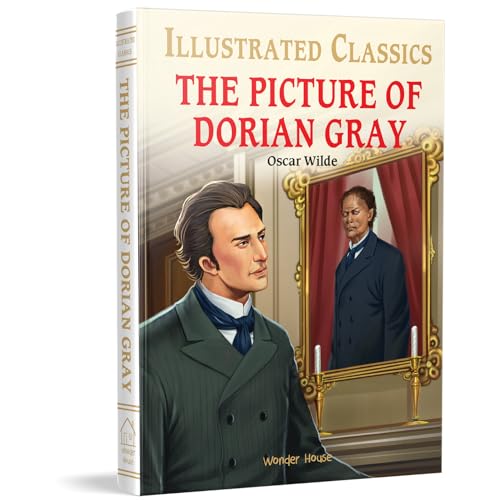 Book cover of "The Picture of Dorian Gray" with illustrated portrait.