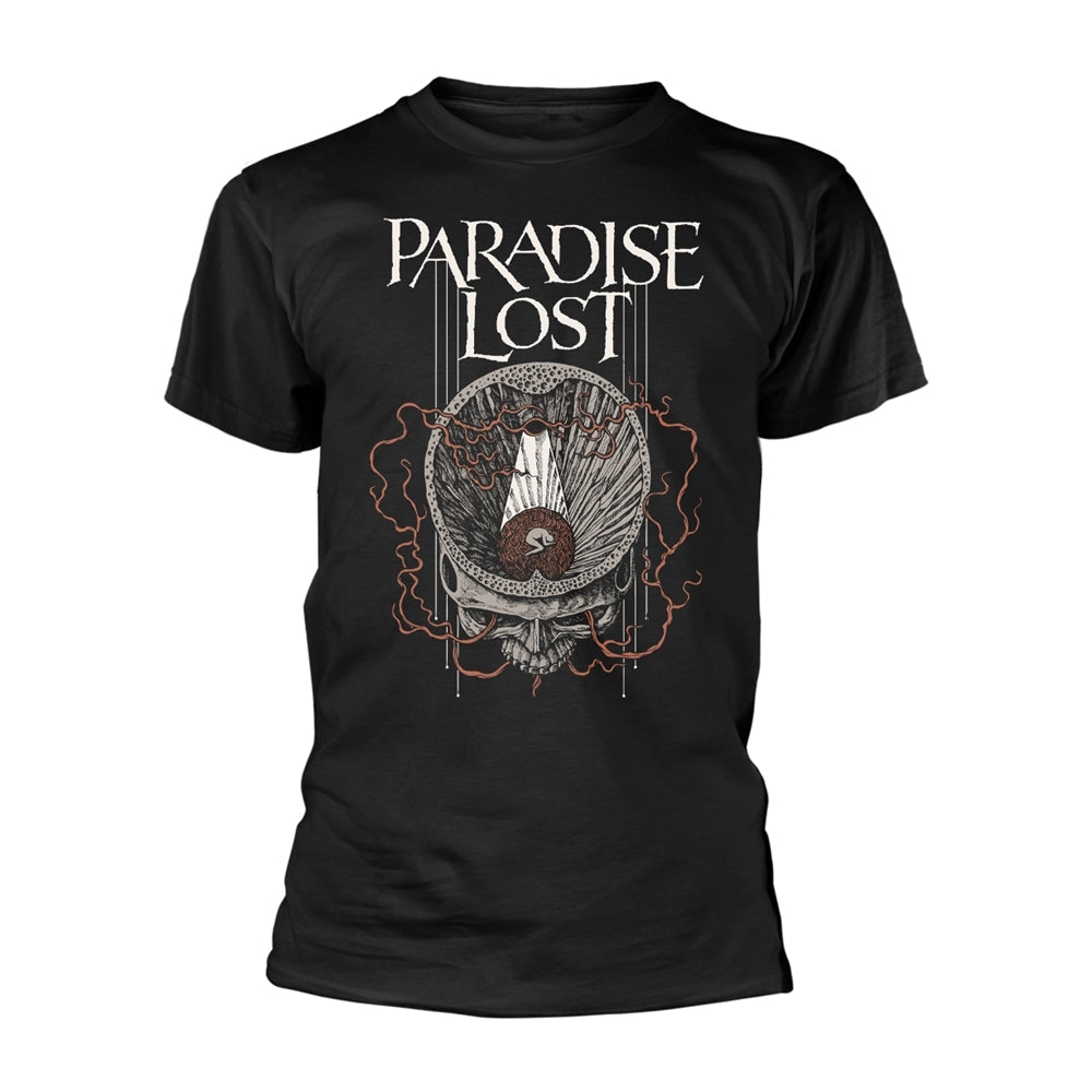 Black t-shirt with ornate skull and “Paradise Lost” text design.