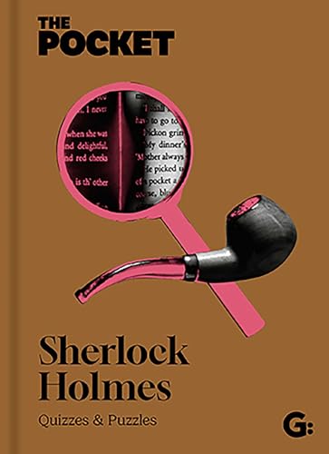 Book cover with magnifying glass, pipe, and text “Sherlock Holmes”.