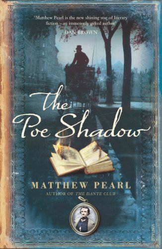 Book cover for “The Poe Shadow” with a carriage and open book.