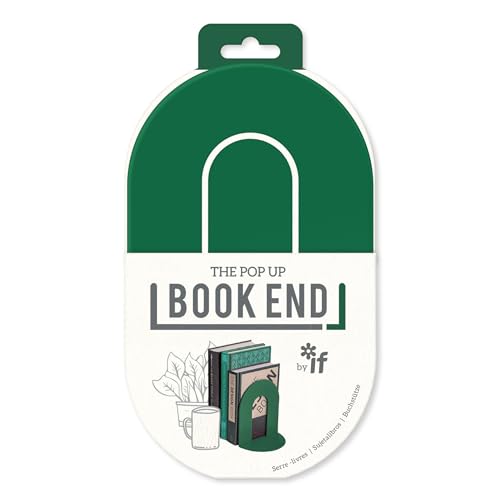 Forest green pop-up book end packaging with illustrated books and mug.