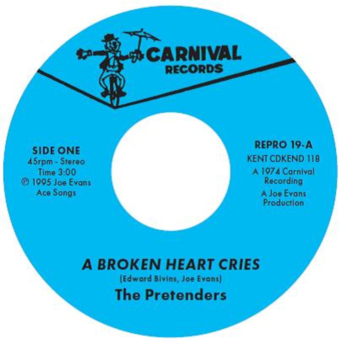 Blue vinyl record label with "The Pretenders" and carnival illustration.