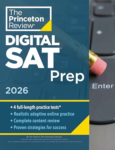 Blue book cover for "Digital SAT Prep 2026" with pencil and keyboard.