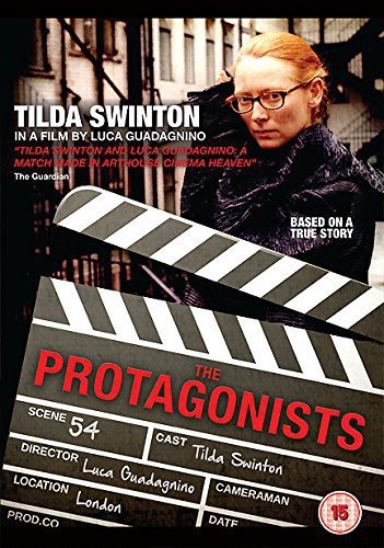 DVD cover for "The Protagonists" featuring Tilda Swinton and a clapperboard.