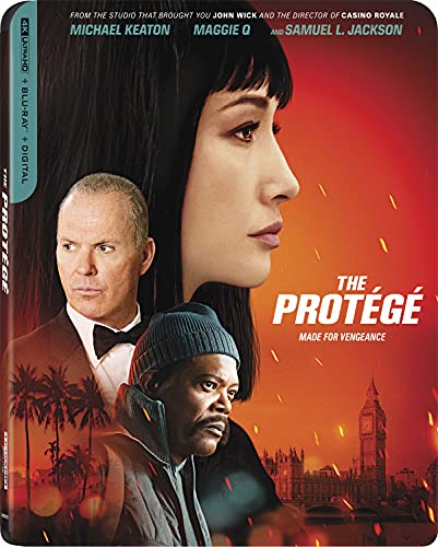 Blu-ray cover for "The Protégé" featuring Maggie Q, Michael Keaton, and Samuel L. Jackson.
