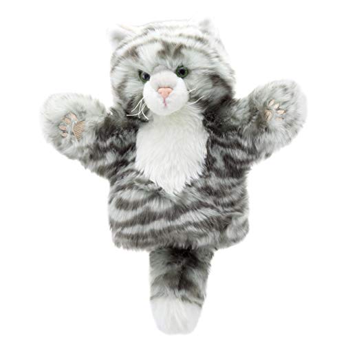 Gray and white striped tabby cat puppet with outstretched paws.