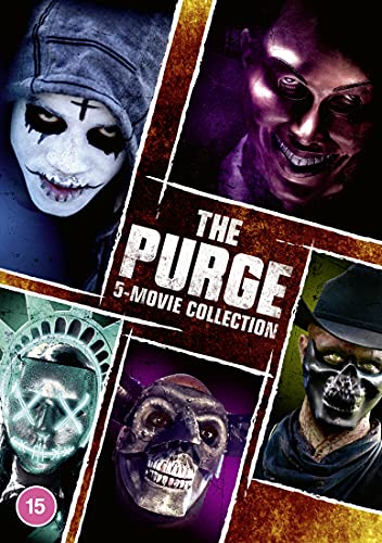 DVD cover for "The Purge" 1-5 movie collection, featuring masked figures.