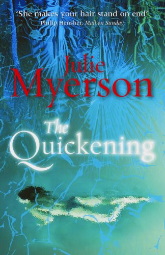 Book cover: “The Quickening” with a swimmer in teal water.