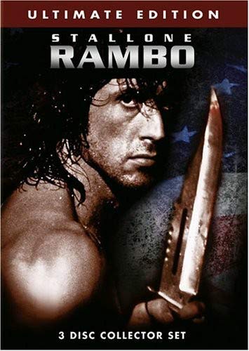 Rambo DVD cover featuring Sylvester Stallone with a knife and American flag.