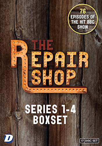 DVD cover for "The Repair Shop" series 1-4, with a rustic sign.