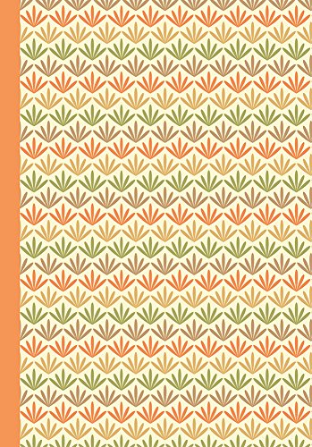 Notebook cover with a repeating geometric pattern in orange, green, and beige.