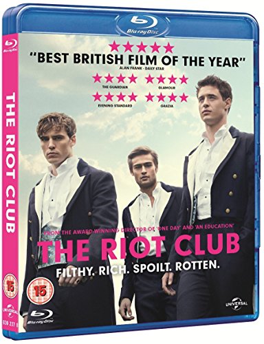 The Riot Club" Blu-ray cover featuring three formally dressed young men.