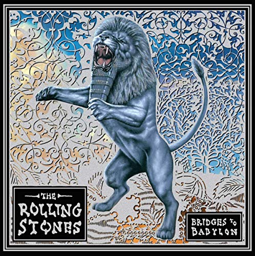 A roaring lion holding a small tower against a blue and gold filigree background.